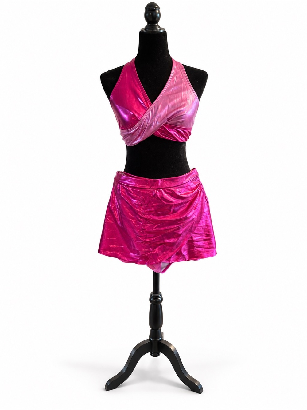 Shimmer Fuchsia Halter Bikini Set with Skirt